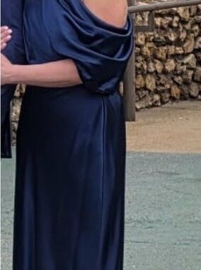 Alex Marie Navy Satin Off-Shoulder Draped Gown